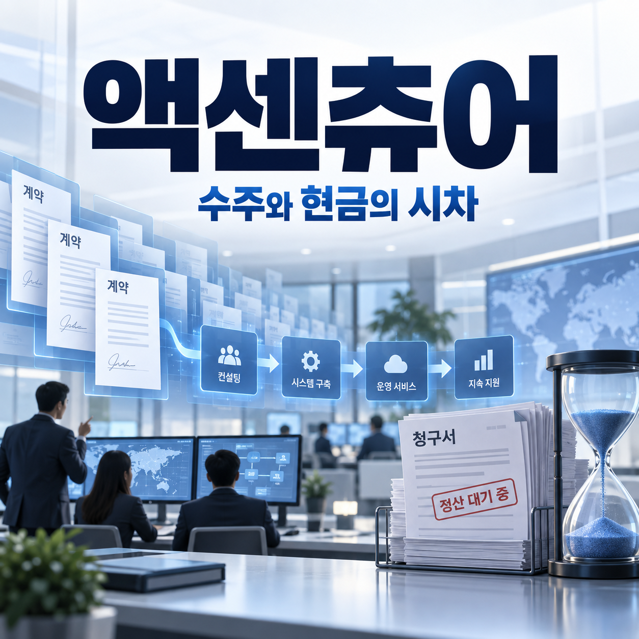 액센츄어의 디지털 서비스 계약 확대와 늦어진 현금 회수를 표현한 정사각형 썸네일