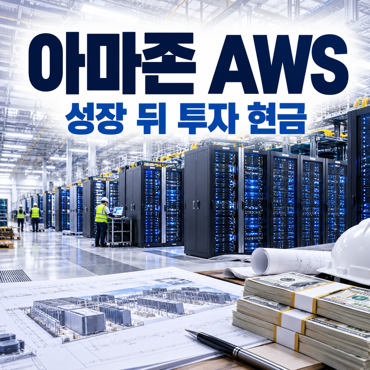 대형 클라우드 데이터센터의 서버 증설과 현금 유출을 함께 표현한 아마존 AWS 정사각형 썸네일