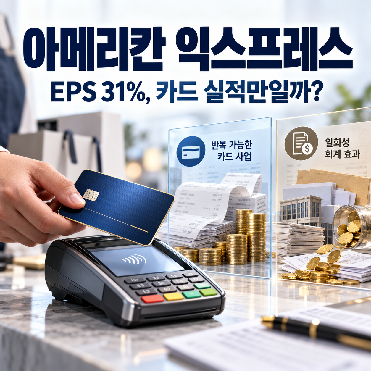 아메리칸 익스프레스 카드 결제 장면과 일회성 이익·신용손실 충당금의 차이를 표현한 정사각형 썸네일