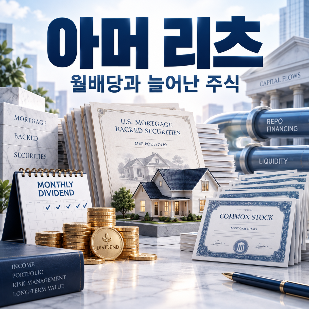 아머 리츠의 모기지 채권 포트폴리오와 월배당·주식 발행 부담을 표현한 정사각형 편집 이미지