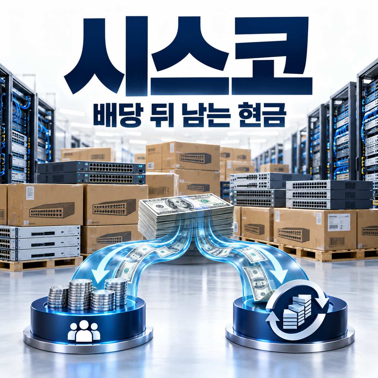 시스코 네트워크 장비 창고에서 배당과 자사주 매입으로 현금이 나뉘는 모습을 표현한 정사각형 썸네일