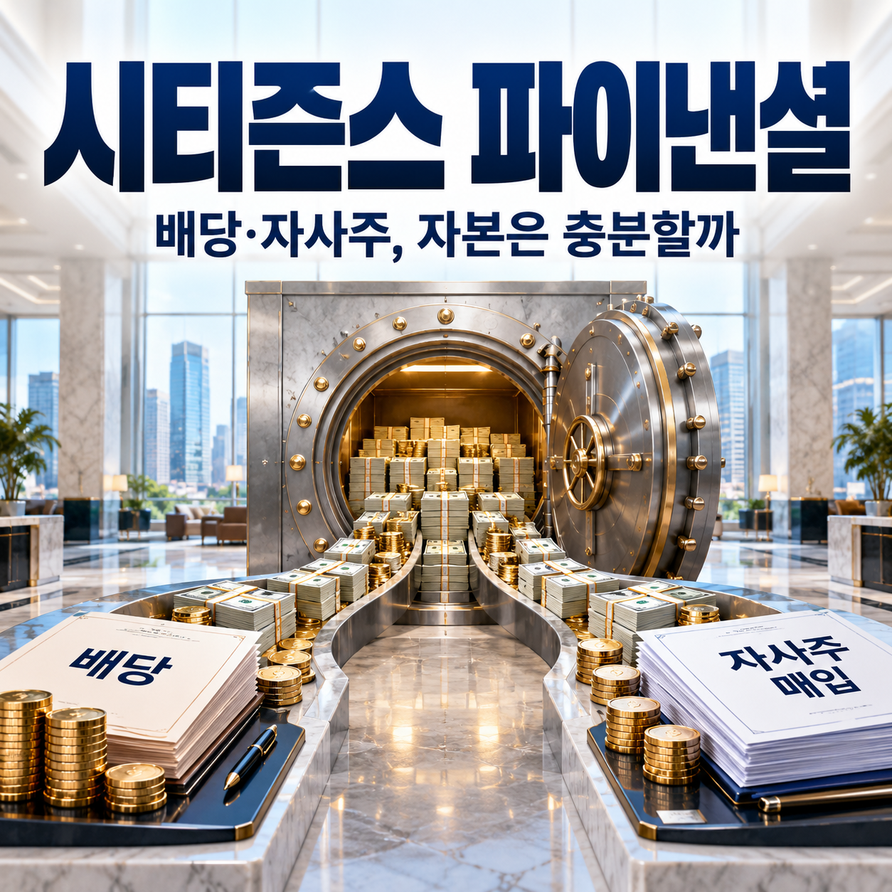 시티즌스 파이낸셜의 은행 금고에서 배당과 자사주 매입으로 현금이 나뉘는 모습을 표현한 정사각형 썸네일