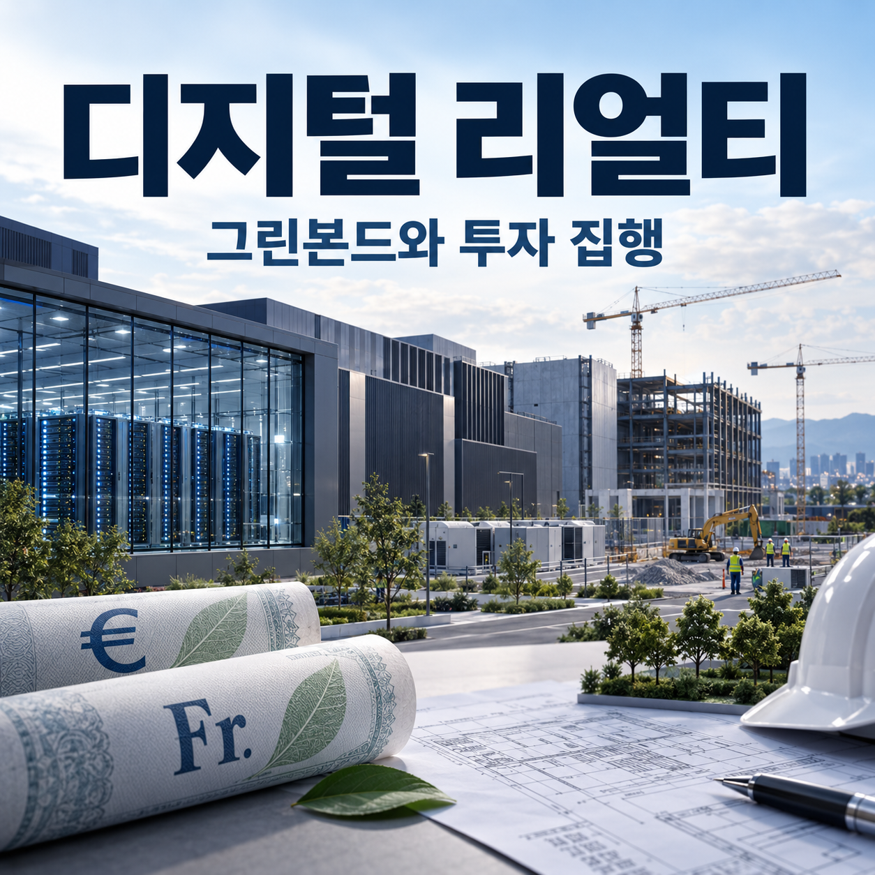 디지털 리얼티의 데이터센터 건설 현장과 유로·스위스프랑 조달을 표현한 정사각형 썸네일