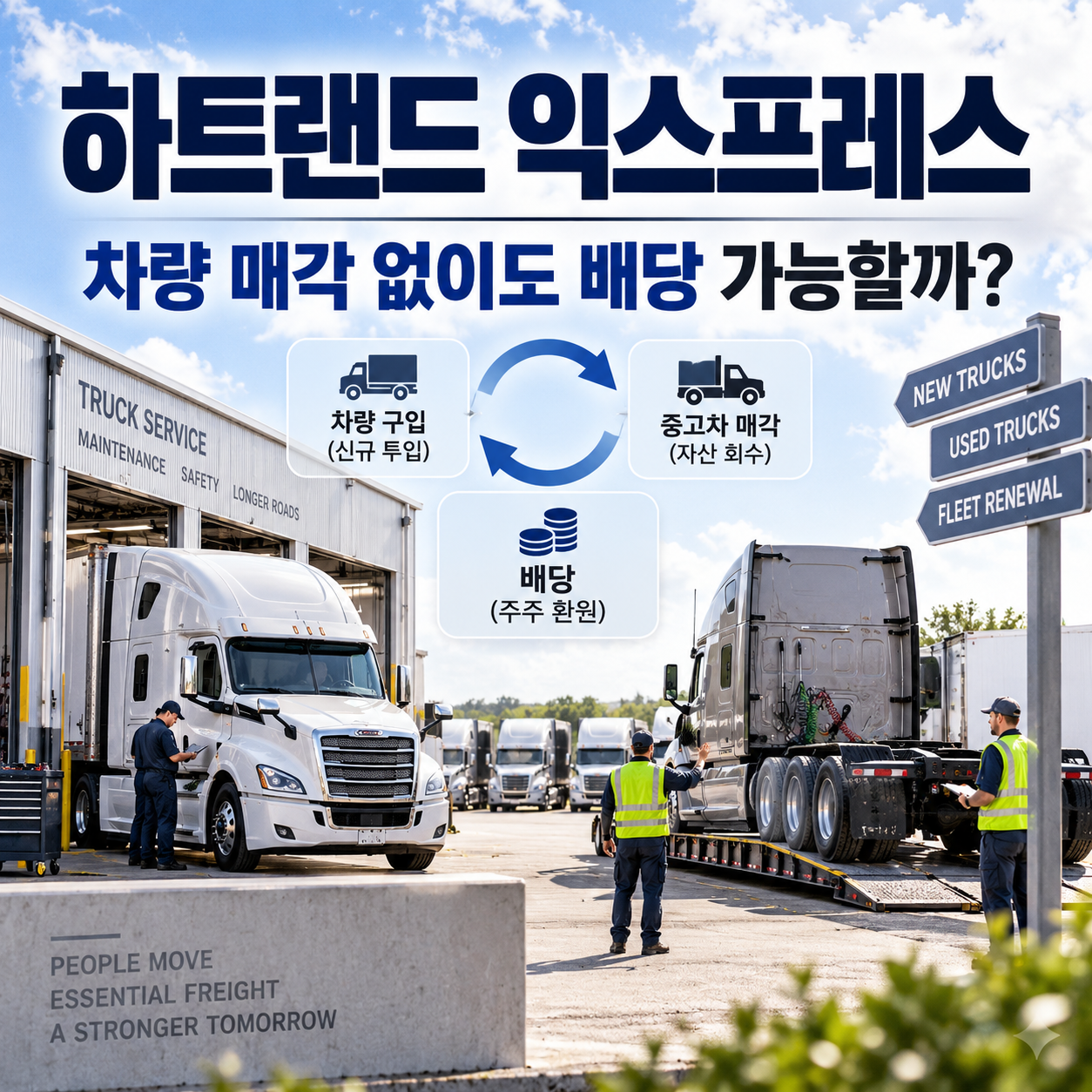 하트랜드 익스프레스의 화물 트럭 교체와 차량 매각·배당 현금흐름을 표현한 정사각형 편집 이미지