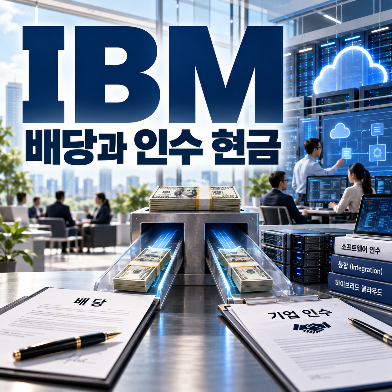 IBM의 클라우드 소프트웨어 사업과 배당·대규모 기업 인수로 나뉘는 현금을 표현한 정사각형 썸네일