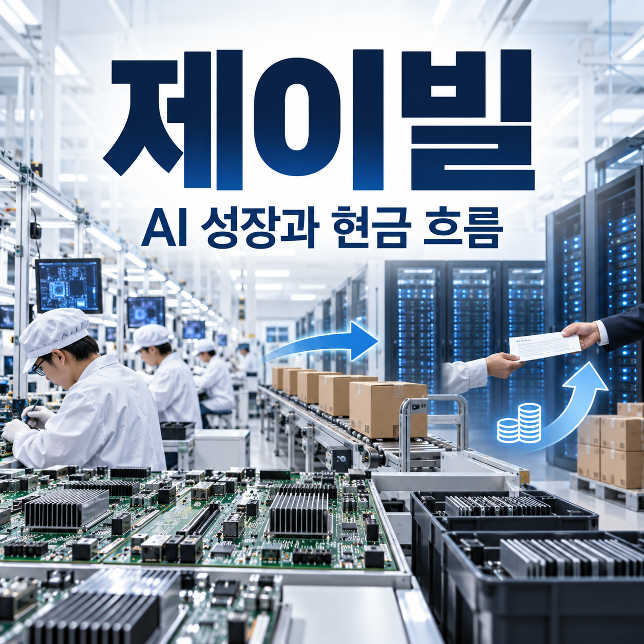 제이빌의 AI 인프라 생산증가와 재고·매입채무의 현금 흐름을 함께 표현한 정사각형 써네일