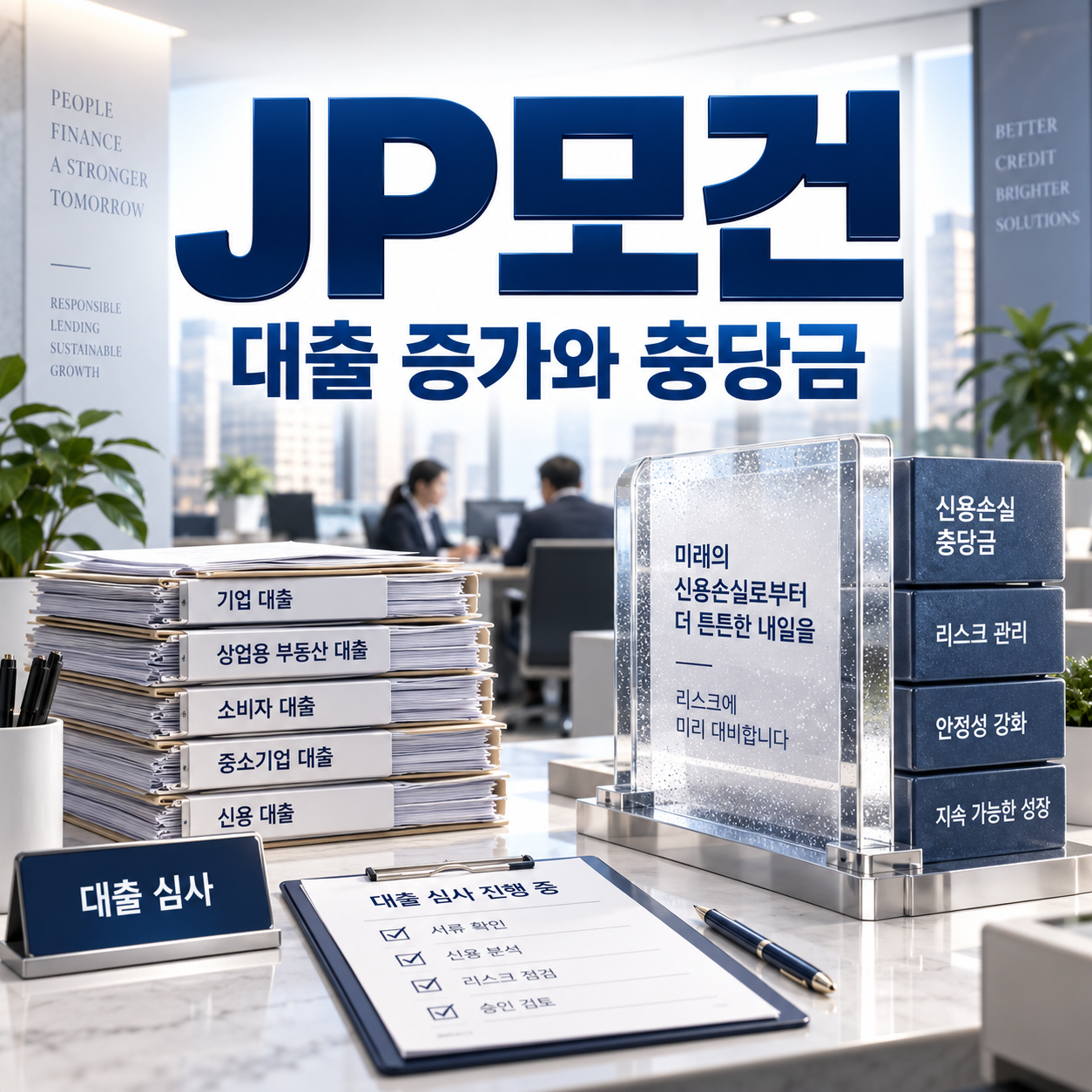 JP모건의 대출 증가와 신용손실 충당금 확대를 은행 심사 서류와 완충 장치로 표현한 정사각형 썸네일