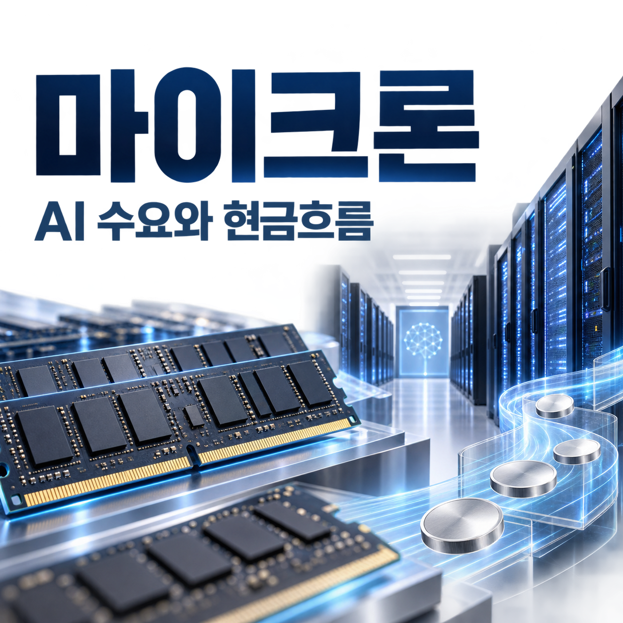 AI 데이터센터의 메모리 서버와 대규모 현금흐름을 함께 표현한 마이크론 분석 썸네일