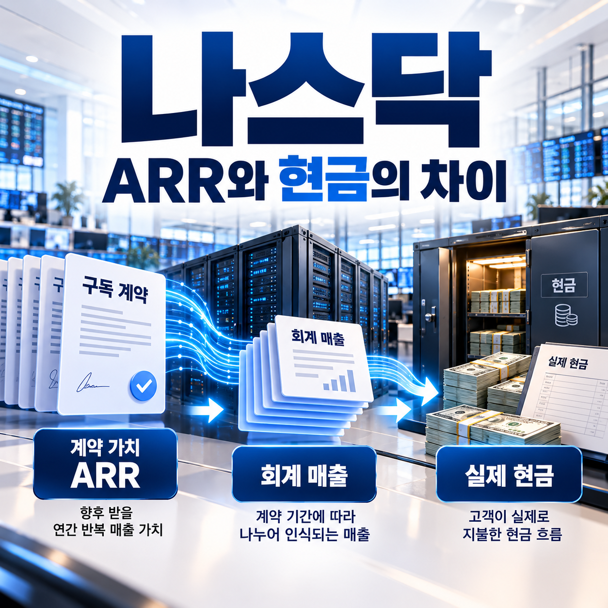 나스닥의 구독 계약 가치가 회계 매출과 실제 현금으로 이어지는 세 단계를 표현한 정사각형 편집 이미지