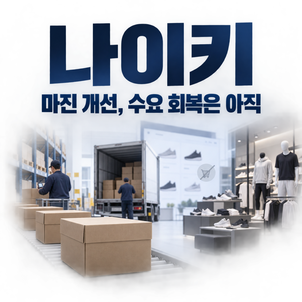 나이키의 물류비 절감과 직접판매 둔화를 다룬 물류센터와 스포츠 매장 일러스트