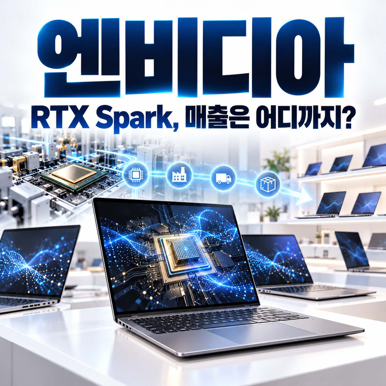 엔비디아 RTX Spark 노트북의 판매 시작과 제조·유통을 거친 매출 경계를 표현한 정사각형 편집 이미지