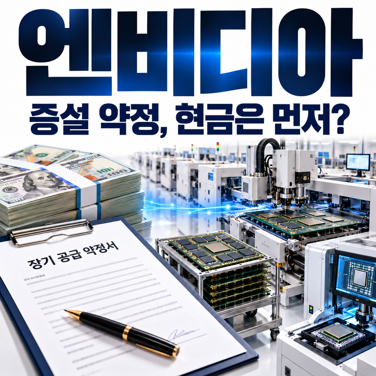 엔비디아의 반도체 공급 약정서와 선급금, 패키징 생산라인을 함께 표현한 정사각형 편집 이미지