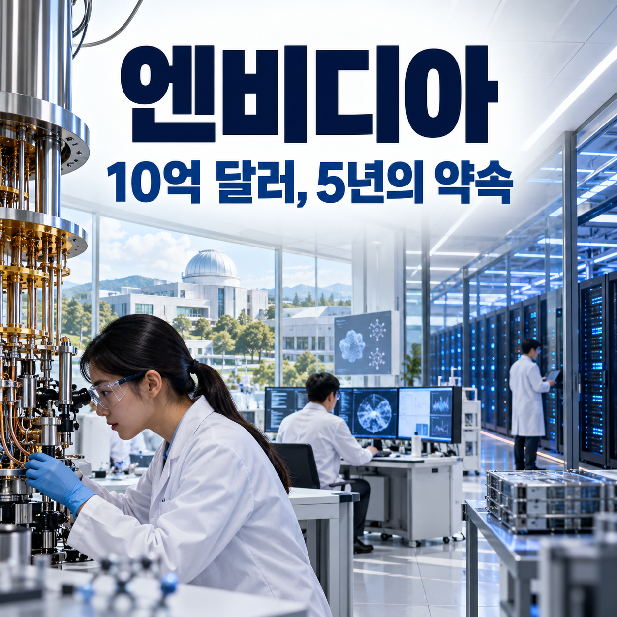 엔비디아의 미국 과학 연구 지원과 5년간 현금 집행 시차를 연구실·데이터센터 장면으로 표현한 정사각형 썸네일