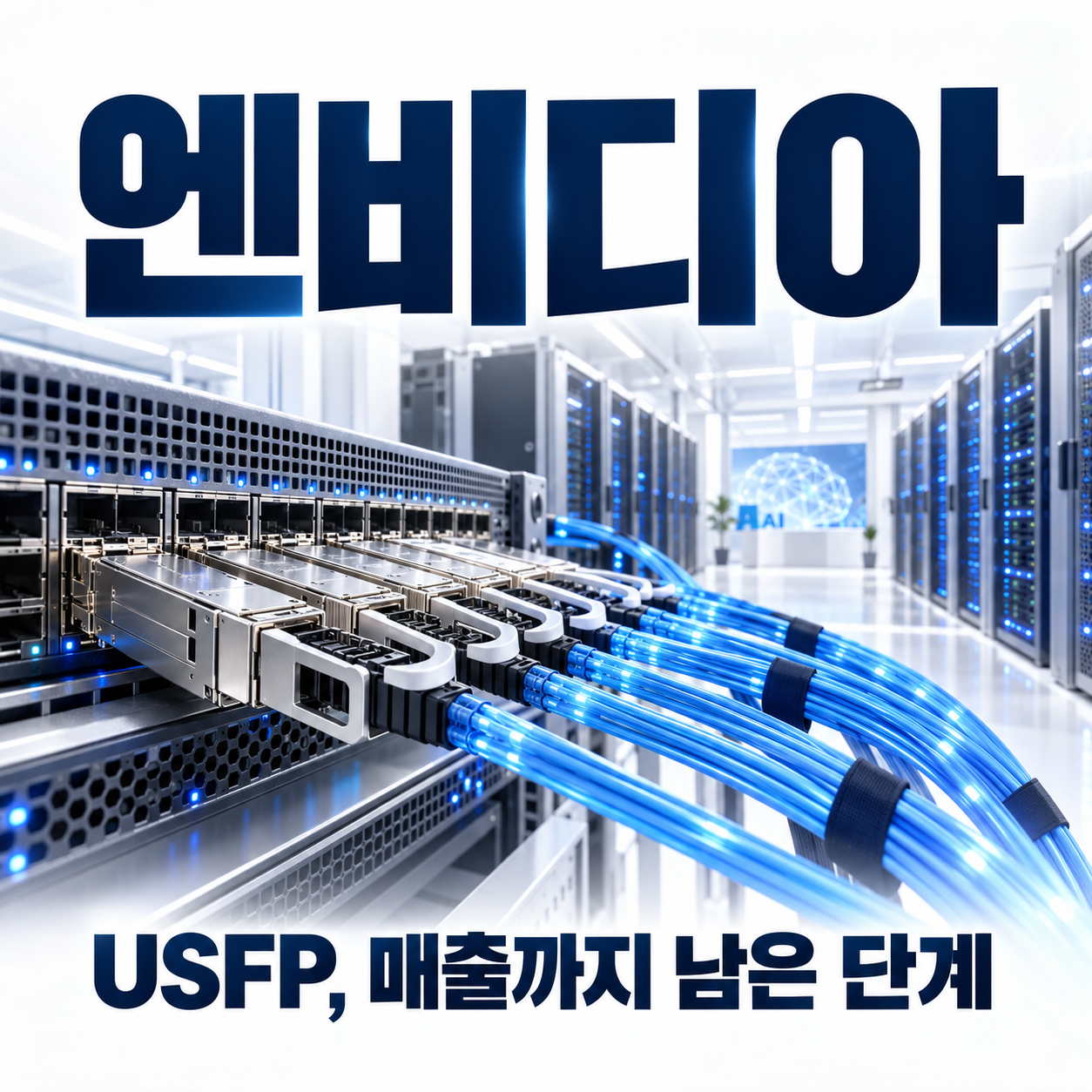 엔비디아 USFP 광통신 모듈과 AI 데이터센터 네트워크의 매출 연결 조건을 표현한 정사각형 편집 이미지