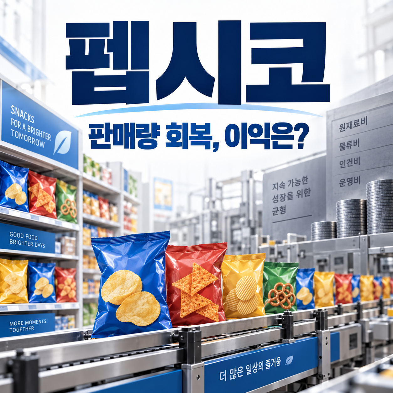 펩시코 북미 스낵 판매량 회복과 원재료·물류·운영비 부담을 함께 표현한 정사각형 편집 이미지