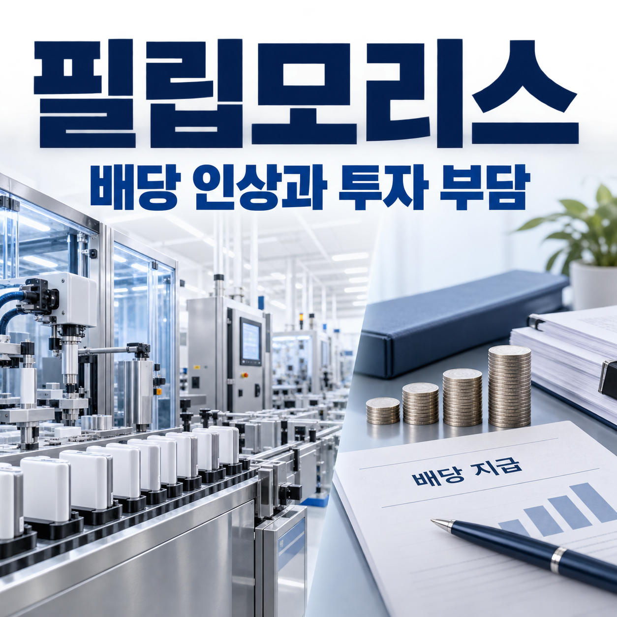 필립모리스의 배당 인상과 무연 제품 생산설비 투자를 함께 표현한 정사각형 편집 이미지
