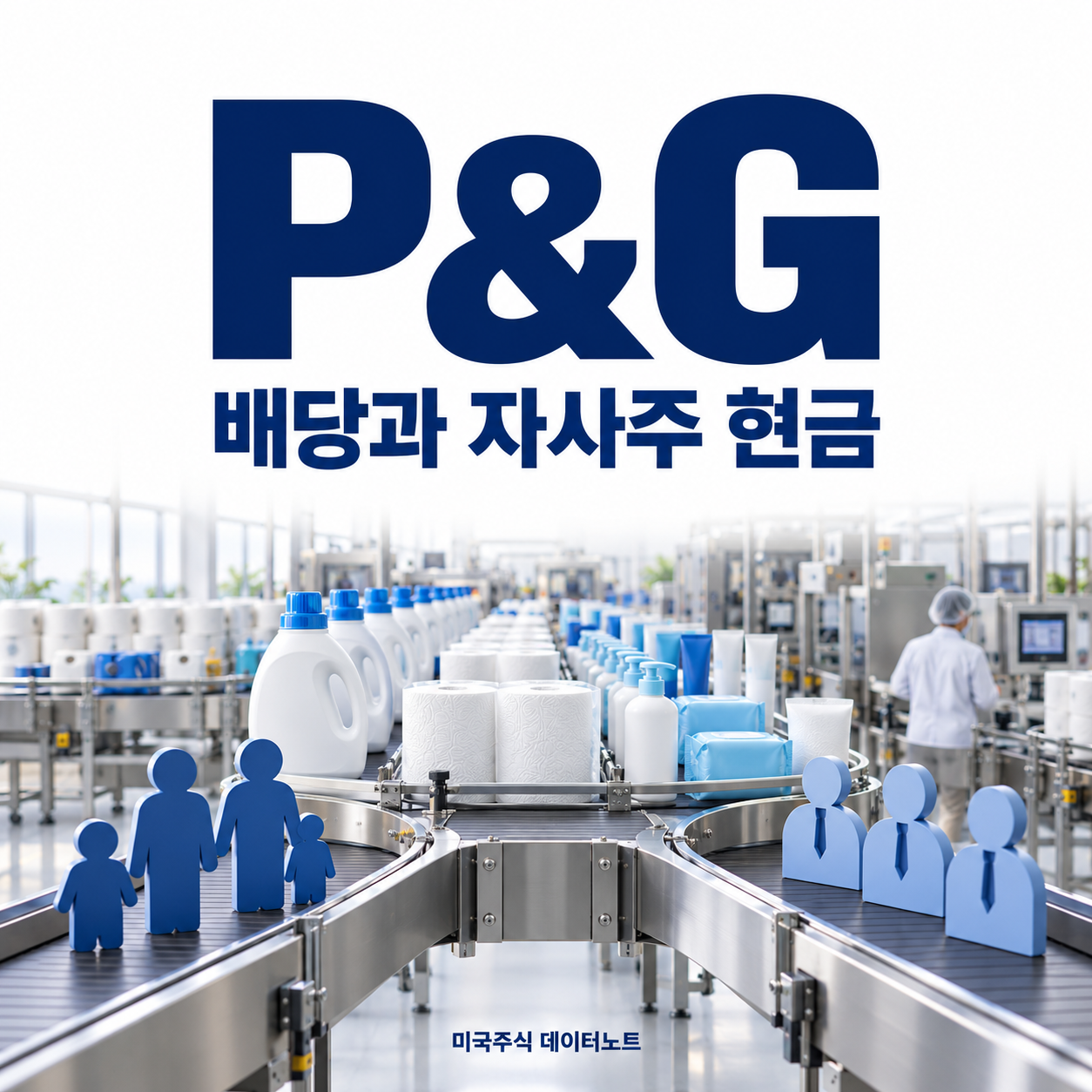 P&G 생활용품 생산라인과 배당·자사주 현금 배분을 함께 표현한 정사각형 편집 이미지