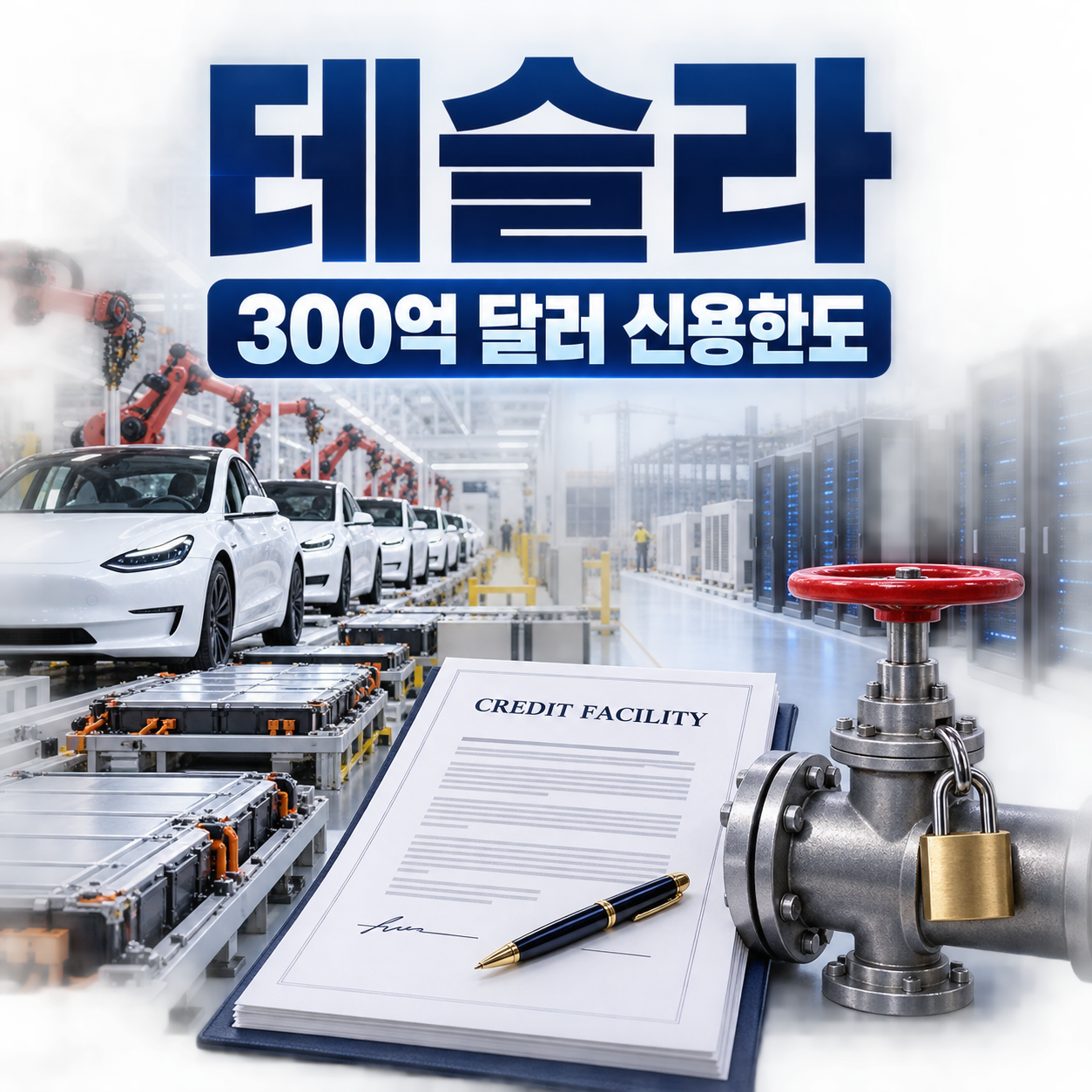 테슬라 전기차·AI 설비 투자 현장과 300억 달러 신용한도 약정을 함께 표현한 정사각형 편집 이미지