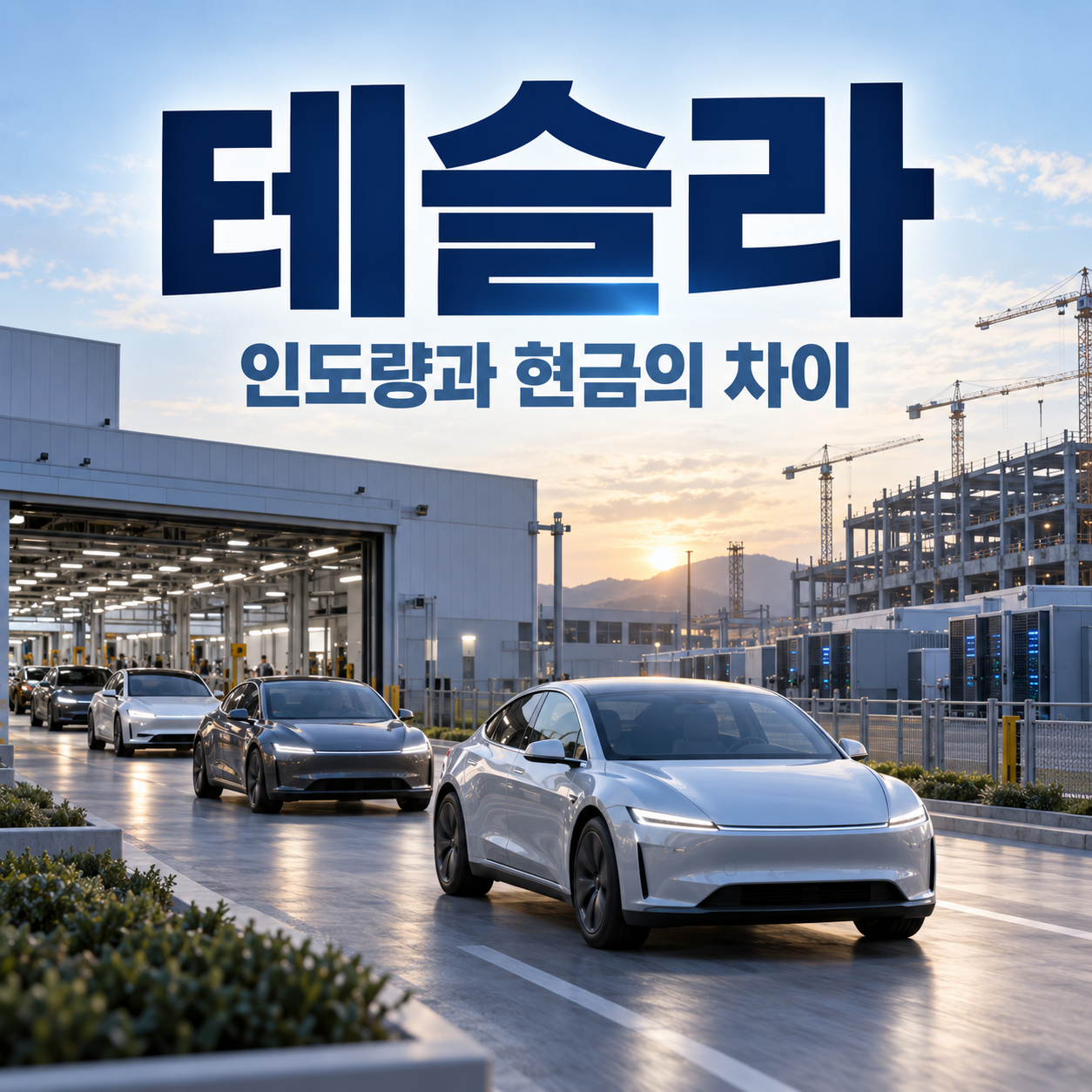 테슬라 전기차 인도와 공장 투자비가 현금흐름으로 이어지는 과정을 표현한 정사각형 썸네일