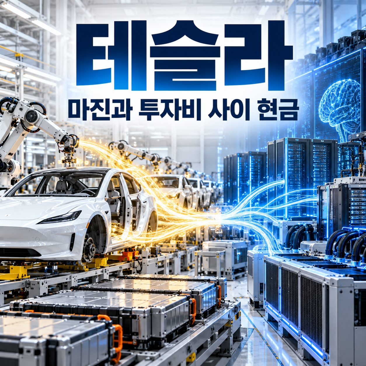 테슬라 전기차 생산라인과 배터리·AI 설비 사이의 마진 및 투자 현금을 표현한 정사각형 편집 이미지