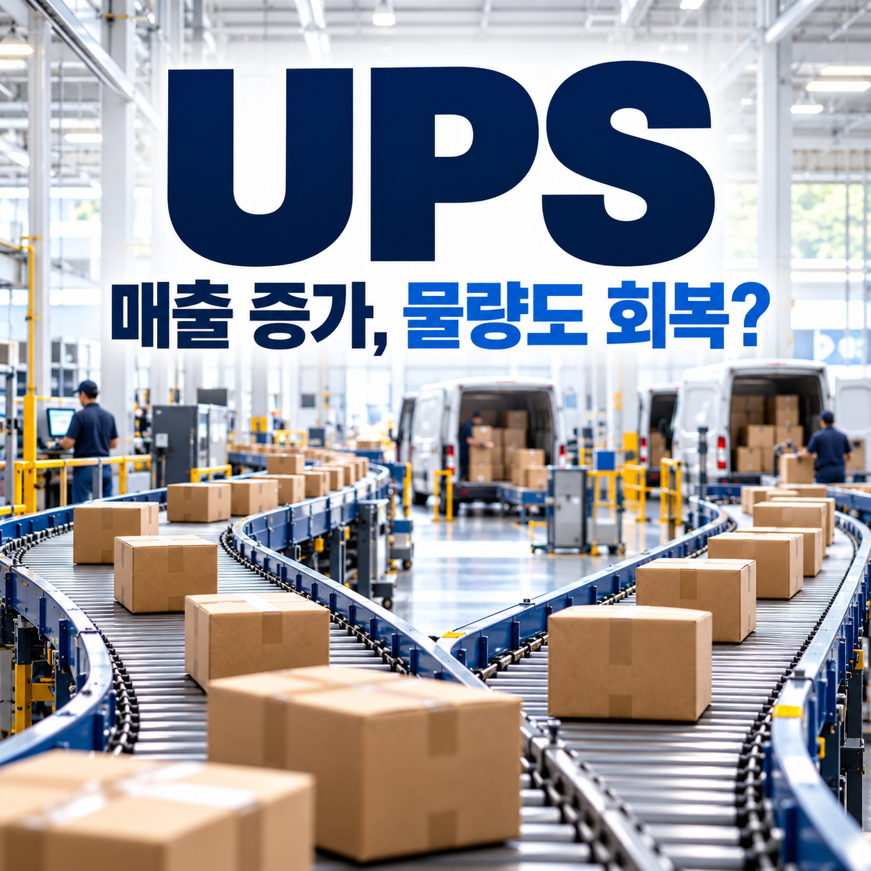 자동화 물류 허브의 컨베이어와 배송 상자를 배경으로 UPS 매출 증가와 물량 회복의 차이를 표현한 정사각형 썸네일