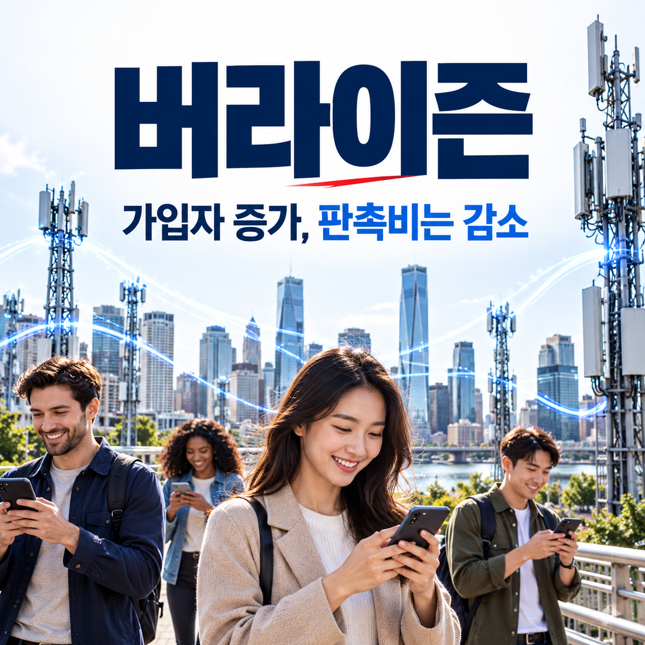 버라이즌 통신망과 스마트폰 가입자를 배경으로 가입자 증가와 판촉비 감소를 표현한 정사각형 썸네일