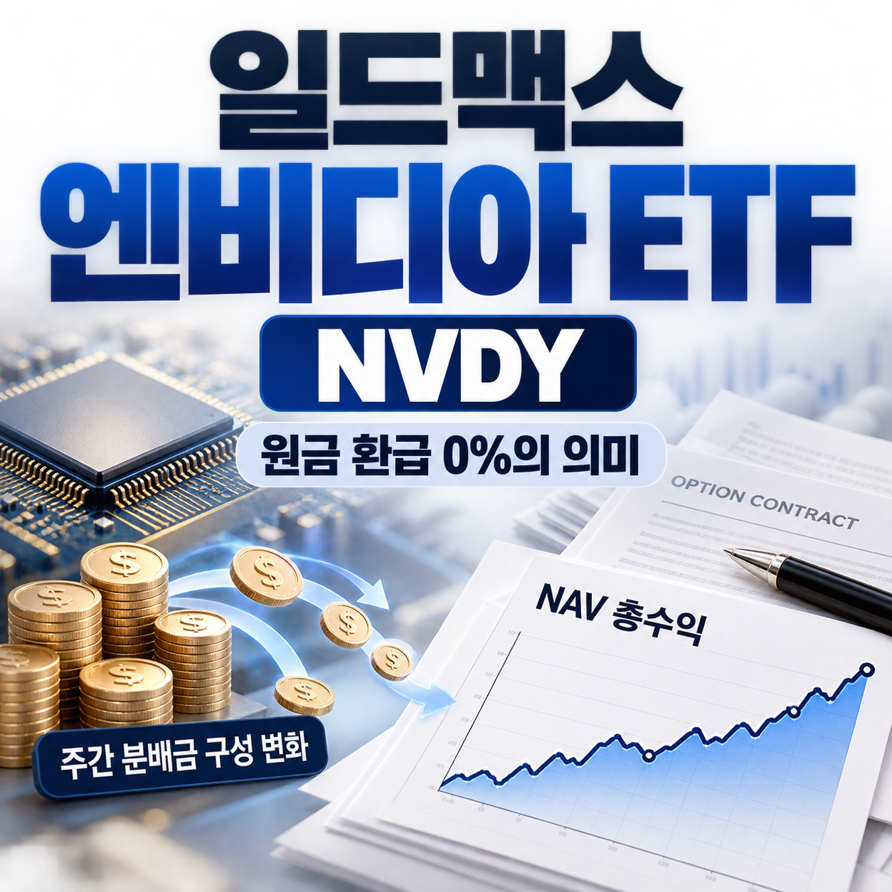 일드맥스 엔비디아 ETF NVDY의 원금 환급 0%와 주간 분배금, NAV 총수익을 반도체와 옵션 계약 장면으로 표현한 정사각형 이미지