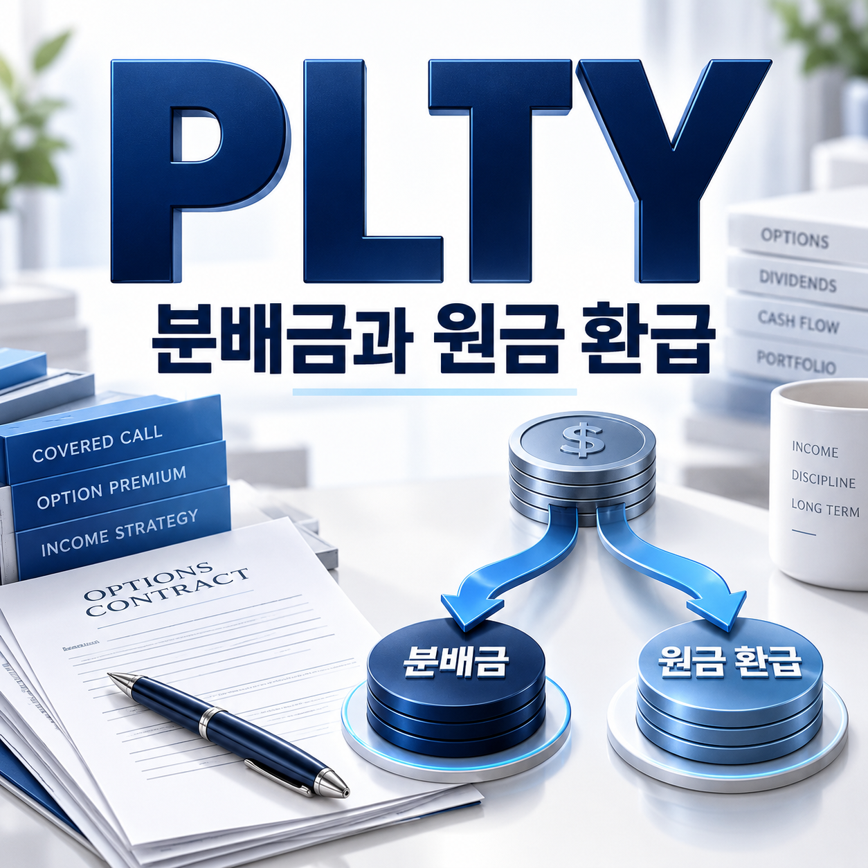 일드맥스 팔란티어 ETF PLTY의 주간 분배금과 원금 환급 추정 변화를 옵션 계약서와 현금 흐름 장면으로 표현한 정사각형 썸네일